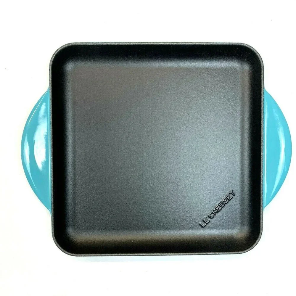 Le Creuset 9.5" Square Enamelled Cast Iron Griddle - Caribbean Teal Blue - Picture 2 of 6